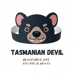 May include: A black Tasmanian Devil paper crown with a cartoon face, pink ears, and a white adjustable band. The text "TASMANIAN DEVIL" is below the crown, with "ADJUSTABLE SIZE FITS KIDS & ADULTS" underneath.