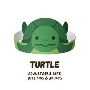 May include: A green paper crown featuring a turtle face design with dark brown eyes and a light green underbelly. The text below reads TURTLE ADJUSTABLE SIZE FITS KIDS & ADULTS. The band is white on the interior and designed to wrap around the head.