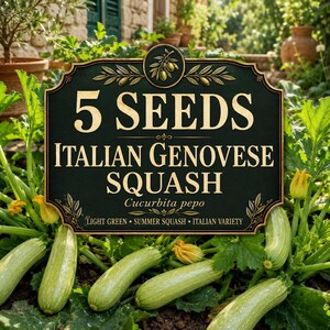 Puede incluir: Un letrero rectangular con fondo verde oscuro y borde dorado con el texto 5 SEEDS ITALIAN GENOVESE SQUASH Cucurbita pepo LIGHT GREEN SUMMER SQUASH ITALIAN VARIETY, colocado sobre un huerto con calabacines de color verde claro.
