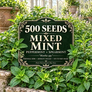 Könnte beinhalten: Ein dunkelgrünes rechteckiges Schild mit verziertem goldenen Rand und dem Text 500 SEEDS MIXED MINT PEPPERMINT + SPEARMINT Mentha spp. PERENNIAL HERB AROMATIC FOLIAGE SUN TO PART SHADE Plant Characteristics May Vary in Weiß und Gold.