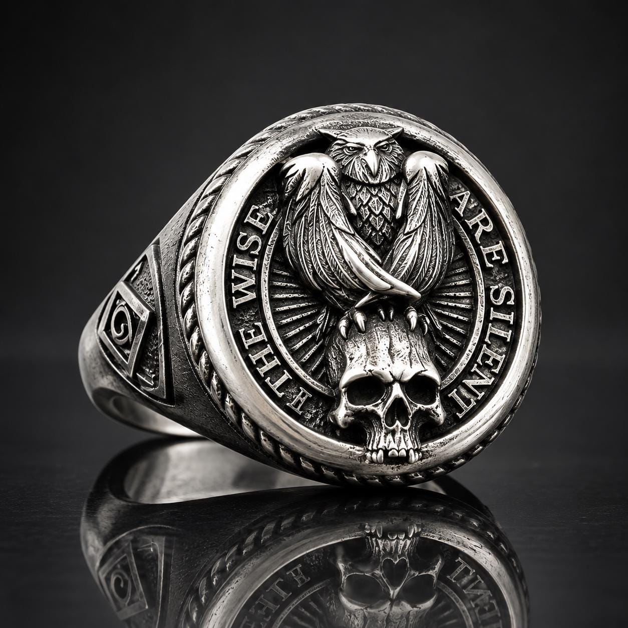 Freemason Master Masonic Owl Signet Ring Oxidized Silver Gothic Biker G Geometry Skull Mason Masonic