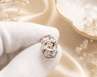 ハイビスカスの花のリング 14Kホワイトゴールドメッキ フローラルバンド 925スターリングシルバー フルソリッド フィリグリー フラワーリング ハンドメイドジュエリー ギフト 女性向け