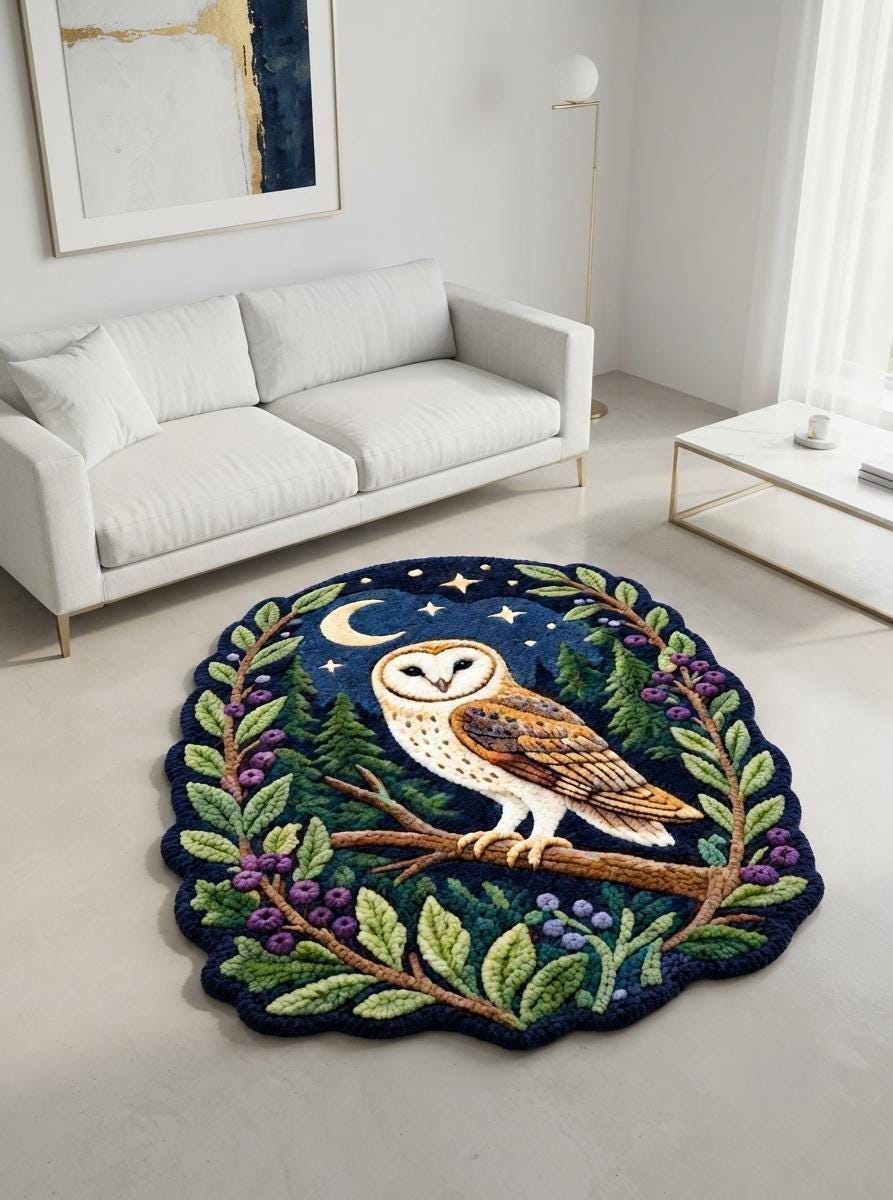 Handmade Barn Owl Tufted Wall Hanging, Celestial Night Woodland Fiber Art, Crescent Moon & Stars