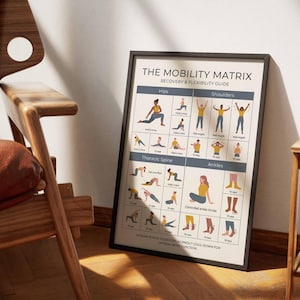 May include: A framed poster titled THE MOBILITY MATRIX RECOVERY & FLEXIBILITY GUIDE featuring illustrated exercises for hips, shoulders, thoracic spine, and ankles. The chart displays various poses with text labels and repetition counts in a grid layout.