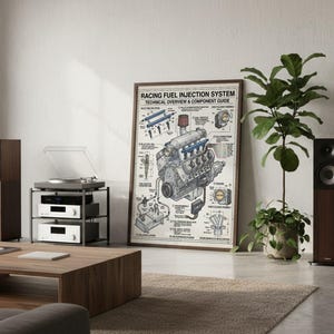 May include: A framed poster titled RACING FUEL INJECTION SYSTEM TECHNICAL OVERVIEW & COMPONENT GUIDE, featuring a detailed technical line drawing of an engine with various components labelled, displayed in a room with speakers and plants.