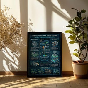 May include: A framed educational poster titled Hybrid Powertrain Architecture: Modern Engineering Integration. The dark blue print features technical diagrams of an internal combustion engine, electric motor, battery pack, and vehicle drivetrain.