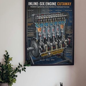 Puede incluir: Un póster enmarcado titulado INLINE-SIX ENGINE CUTAWAY que presenta un diagrama técnico detallado en sección transversal. La ilustración muestra componentes internos como pistones, válvulas y la bomba de aceite con flechas rojas que indican el movimiento.