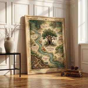 May include: A rectangular framed wall art print featuring a whimsical forest map illustration. The artwork depicts a winding blue river, a large central oak tree, and various woodland animals including a fox, owl, and badger in their habitats.