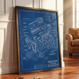 May include: A framed blueprint art print featuring a detailed technical schematic of a V8 engine in white lines on a blue background. The print includes labels for engine components, the text V8 ENGINE SCHEMATIC, and a small metal micrometer tool.