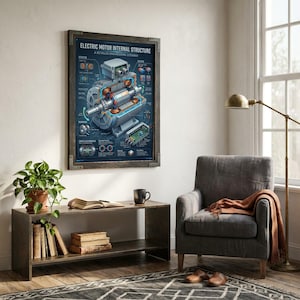 Könnte beinhalten: Ein gerahmtes Wandposter mit dem Titel Electric Motor Internal Structure, das eine detaillierte technische Schnittzeichnung eines Elektromotors mit Beschriftungen für Stator, Rotor, Lager und Antriebselektronik auf blauem Grund zeigt.