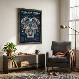 May include: A framed wall art print featuring a detailed technical cross-section diagram of a twin-turbo V8 engine. The poster has a dark blue background with white text that reads TWIN-TURBO V8 ENGINE CROSS-SECTION and MECHANICAL ARCHITECTURE.