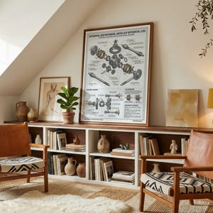 May include: A framed technical print titled Differential Gear Mechanism: Limited-Slip Differential (LSD) featuring an exploded view diagram of mechanical parts, labels, and technical data, displayed in a wooden frame on a shelf.