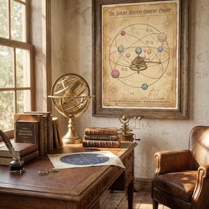 May include: A framed wall print titled The Solar System Orrery Chart featuring a diagram of planetary orbits, displayed above a wooden desk with a brass armillary sphere, stacked leather-bound books, an inkwell, and a star map on the surface.