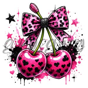 Op de afbeelding: Digitale illustratie van twee kersen met een roze en zwarte luipaardprint strik. De kersen zijn roze met zwarte hartpatronen. Roze en zwarte verfspatten en sterren omringen de kersen.