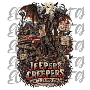Puede incluir: Una ilustración gráfica que muestra una criatura alada con sombrero sosteniendo un mapa, un camión rojo oxidado, un espantapájaros y cuervos. El texto incluye "JEEPERS CREEPERS", "WHAT'S EATING YOU?", "NEXT GAS STATION WAY TOO FAR" y "ROAD TRIP STATUS: IMMEDIATE REGRET."