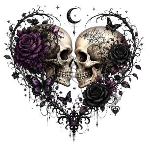 May include: A digital illustration of two skulls facing each other, forming a heart shape. The skulls are adorned with black roses, purple flowers, and butterflies. A crescent moon and stars are also present, creating a gothic romantic theme.