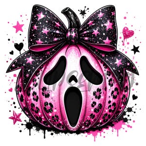 May include: A pink pumpkin with a black bow featuring pink stars and a leopard print design. The pumpkin has a screaming face and is decorated with pink hearts, stars, and black paint splatters. A spooky Halloween theme.