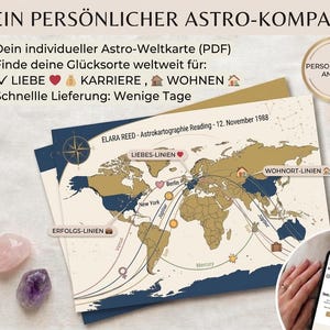 Könnte beinhalten: Eine personalisierte Astrologiekarte mit Weltkartendesign. Die Karte hebt Orte für Liebe, Karriere und Zuhause hervor. Das Bild enthält den Text "DEIN PERSÖNLICHER ASTRO-KOMPASS" und "ELARA REED - Astrokartographie Reading - 12. November 1988".