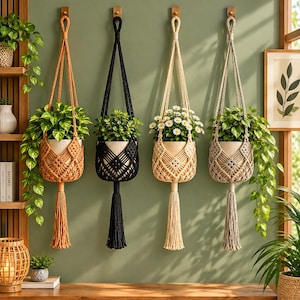 Può includere: Quattro portavasi in macramè nei colori arancione, nero, crema e grigio, ognuno contenente una pianta in vaso. I supporti presentano complessi motivi a nodi e lunghe nappe sul fondo, appesi a ganci di legno su una parete verde.