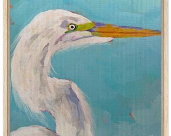 Impression d'art sur toile encadrée de Grande Aigrette | L'œil vigilant II : l'immobilité en bleu | Art mural oiseaux côtiers | Impression animalière | Décoration de maison de plage