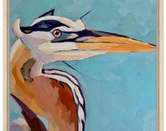 Impression sur toile encadrée par grand héron | L'œil vigilant I : La pause du chasseur | Art mural oiseaux côtiers | Impression animalière | Décoration de maison de plage