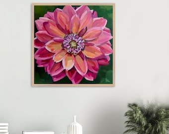 Impression d'art rose dahlia | floraison lumineuse | Art mural floral | Série beaux-arts Portraits en fleurs