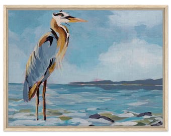 Impression d'art sur toile encadrée par grand héron | La pause du chasseur | Art mural côtier | Impression d'oiseaux de rivage | Décoration de maison de plage