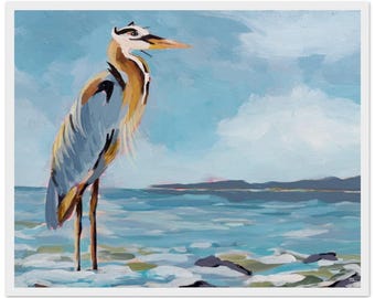 Impression d'art grand héron | La pause du chasseur | Art mural côtier | Impression d'oiseaux de rivage | Décoration de maison de plage | Impression de peinture de paysage