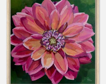 Toile encadrée Dahlia rose | floraison lumineuse | Art mural floral | Série beaux-arts Portraits en fleurs