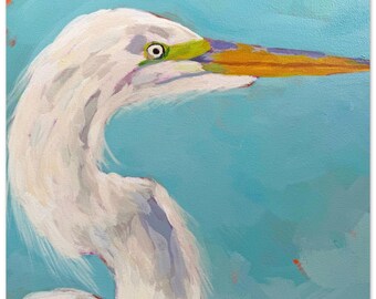 Impression d'art grande aigrette | L'œil vigilant II : l'immobilité en bleu | Art mural oiseaux côtiers | Impression animalière | Décoration de maison de plage