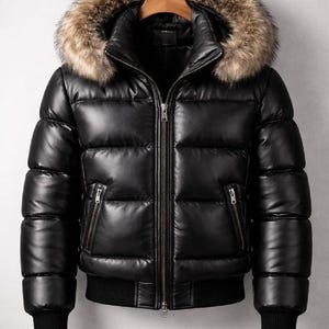 May include: Black puffer jacket with a fur-trimmed hood. The jacket features a zip-up front, multiple pockets, and ribbed cuffs. The jacket is hanging on a wooden hanger against a neutral background. A winter outerwear garment.