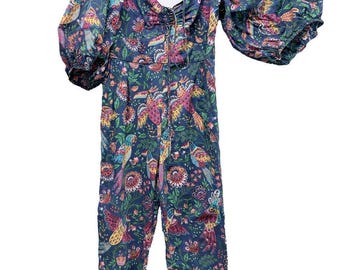 Women's Farm Rio Floral Bird Print Jumpsuit Size M Blue Multi-color