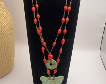 Women's Handmade Butterfly Necklace Red Glass and Green Jade