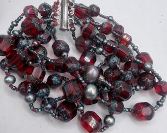 Women's Multi-Strand Red Czech and Grey pearl Beaded Bracelet