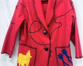 Blazer feminino vintage estilo western dos anos 80 da Cindy Owings Designs, tamanho P, nas cores vermelho e preto.