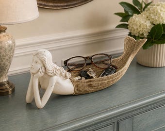 Handmade Mermaid Rattan Tray, Coastal Jewelry Organizer, Boho Catchall