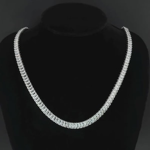 Emerald Cut Diamond Tennis Necklace in White Gold, Sleek Modern Luxury Jewelry