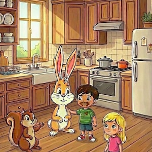 May include: A colorful illustration of a kitchen scene with a cartoon rabbit, squirrel, and two children. The boy has chocolate on his face. The kitchen has wooden cabinets, a stove, and a refrigerator.
