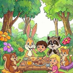 May include: A colorful illustration of a tea party in a forest setting. A rabbit, raccoon, squirrel, and cat are gathered around a wooden table with a boy and girl. Teacups, a teapot, and cookies are on the table, surrounded by flowers.