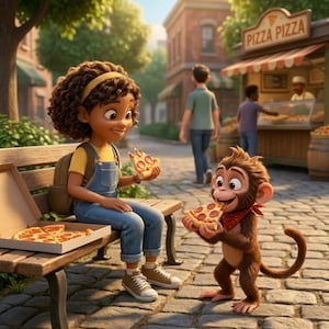 May include: An animated scene depicts a young person and a monkey sharing pizza slices on a park bench. The person is wearing overalls and a yellow shirt, while the monkey has a red bandana. A pizza shop with the sign "Pizza Pizza" is in the background.