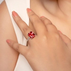 Radiant Cut Red Ruby Ring, Sterling Silver Statement Ring for Women, Bridesmaid Jewelry
