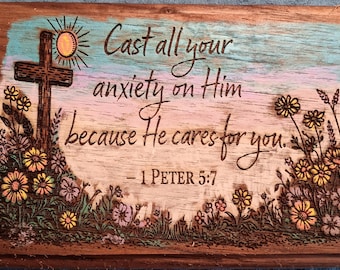 Cast All Your Anxiety hardwood plaque hand-colored