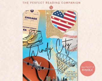 Könnte beinhalten: Ein rechteckiger Kindle-Einsatz mit einer Collage aus Chicago-Motiven, darunter ein Gepäckanhänger von Eastern Airways, eine herzförmige amerikanische Flagge, Schlittschuhe, ein Basketball, ein Baseball, ein Flugzeug und die Silhouette einer Skyline.