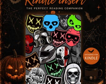 Könnte beinhalten: Ein rechteckiger Kindle-Einsatz mit einer Collage aus verschiedenen Masken, darunter neonfarbene Totenkopfmasken, Gasmasken und Helmdesigns auf grauem Hintergrund. Der Text lautet Kindle Insert, MaskTok / Dark Romance und Designed for Kindle.