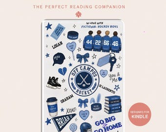 Könnte beinhalten: Ein rechteckiger Kindle-Einsatz mit weißem Hintergrund und blauen Illustrationen sowie Texten zum Thema Eishockey. Die Grafiken zeigen vier Eishockeyspieler, einen Puck, einen Kaffeebecher, einen Bücherstapel sowie den Text Off Campus Hockey.