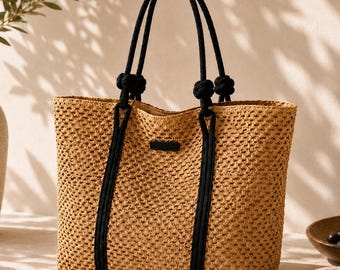 Borsa tote in paglia intrecciata, grande borsetta estiva da spiaggia in rafia, borsa in stile boho