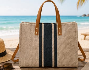 Striped Straw Tote, Woven Beach Handbag, Large Summer Shoulder Tote, Boho Vacation Bag