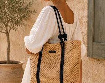 Woven Straw Tote Bag, Large Raffia Summer Beach Purse, Boho Style Bag