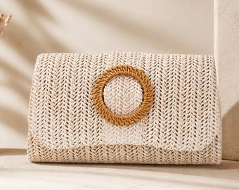 Woven Straw Clutch Bag, Boho Envelope Purse with Detachable Chain Strap