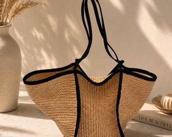 Large Woven Straw Tote Bag, Boho Beach Handbag, Summer Resort Shoulder Bag